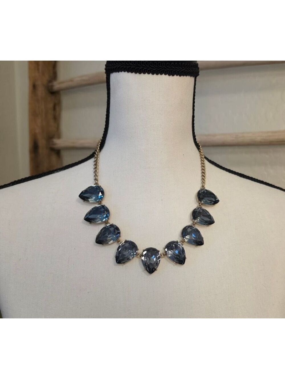J. Crew Elegant Gold Tone Necklace with Large Teardrop Blue Crystals